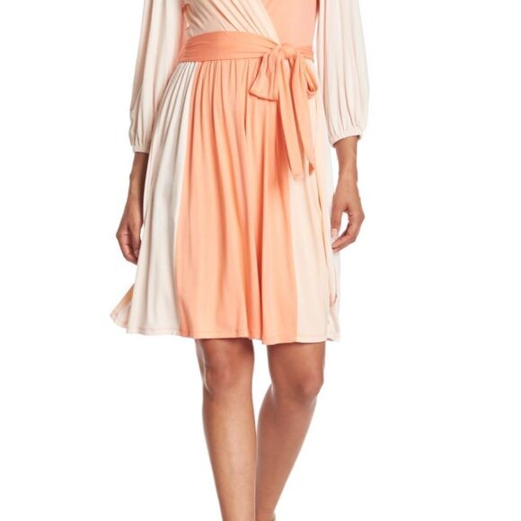 Calvin Klein color block Surplice Faux Wrap Dress in blossom,peach & cream SZ12 - Picture 2 of 16